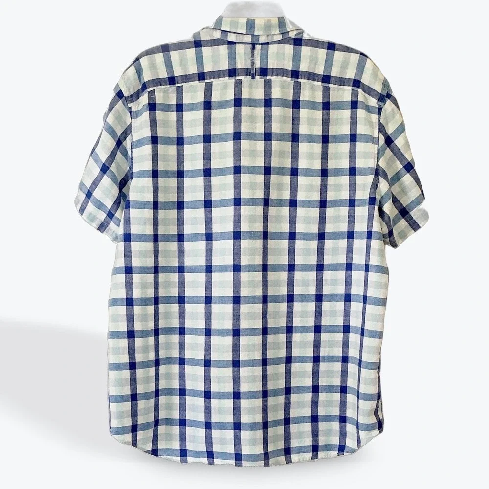 Banana Republic Linen Cotton‎ Plaid Shirt Mens XL Blue Short Sleeve Button Front